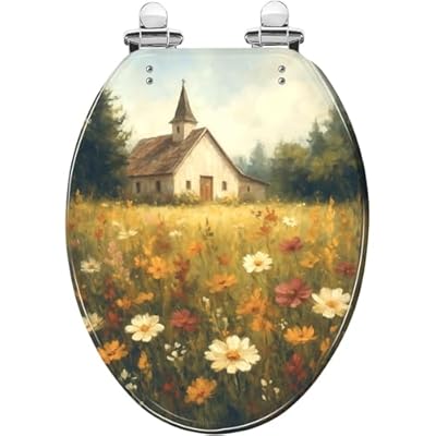 Elongated Toilet Seat Farmhouse Barn Country Landscape Rural Scene Wildflowers Old Church Resin Toilet Seat Quietly Close Quick Release Hinges with Cover Bumpers Decorative Easy to Install Clean
