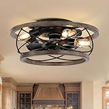 4-Light Farmhouse Wood Ceiling Fan With Light - Flush Mount French Country Drum Design for Kitchen Island, Dining Room, Bedroom