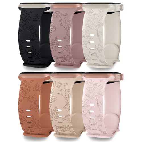 Keebowz 6 Pack Floral Engraved Compatible for Apple Watch Band 38mm 40mm 41mm 42mm 44mm 45mm 49mm Women, Soft Silicone Cute Flower Sport Strap for iWatch Bands Series 9 8 7 SE 6 5 4 3 2 1 Ultra