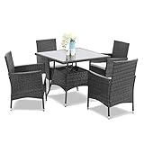 Wisteria Lane Outdoor Furniture 5-Piece Wicker Patio Dining Table and Chair Set,Square Tempered Glass Table Top with Umbrella Hole for Backyard,Grey