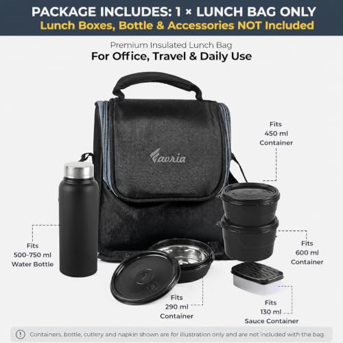 Image of Favria Insulated Lunch Bag for Office Use Men Women | Fits Up to 3 Lunch Boxes with Space for Sauce Box, Water Bottle, Cutlery & Napkin | Tiffin Box Carry Bag with Handle Strap (Executive Pro Black)