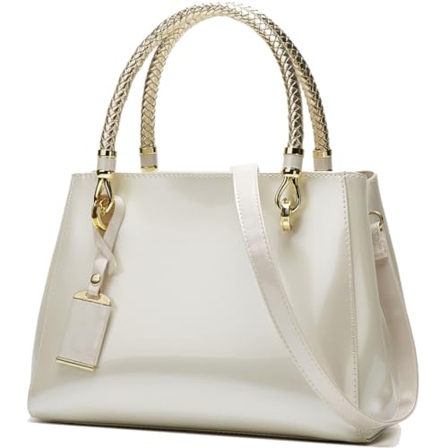 XingChen Bolsa feminina brilhante de couro envernizado brilhante, alça superior, bolsa de ombro média, bolsa para noite, Branco, One Size