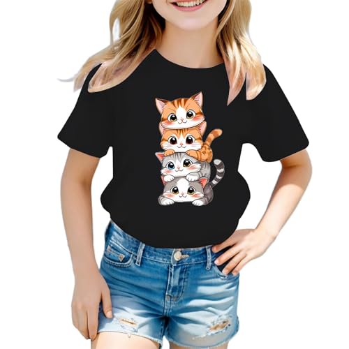 Generisch 2025 T-shirt à manches courtes pour fille avec col rond graphique T-shirt d'été à manches longues pour fille, Noir , 11-12 ans