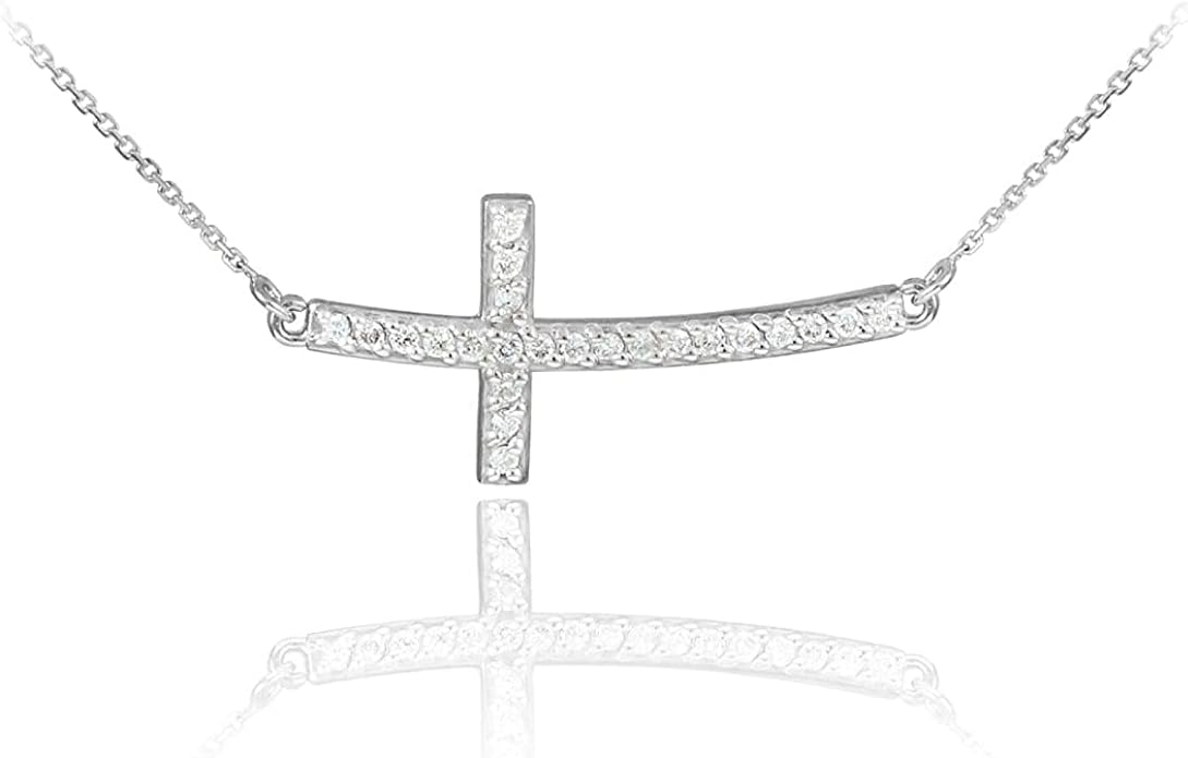 14K White or Yellow Gold or .925 Sterling Silver Cubic Zirconia Curved Sideways Cross Bar Necklace - Choice of Length