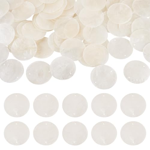 Magibeads 80pcs Natural Capiz Shell Connector Charms Flat Round Shell Garland Strings Bulk with 2 Holes for Wedding Home Decor Wind Chimes DIY Hanging Craft