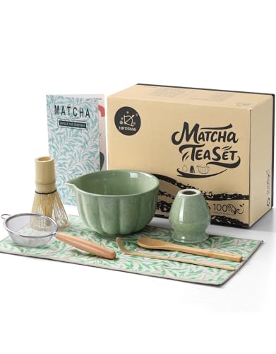 Matcha Whisk Set, 7 Pcs, Matcha Kit Includes Matcha Bowl, Matcha Whisk and Holder, Bamboo Scoop, Spoon, Sifter and Tea Towel, Matcha Set, Gift for Matcha Lovers & Beginners (Matcha Green)