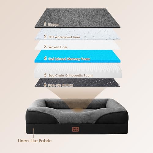 EHEYCIGA Orthopädisches Hundebett Mittelgroße Hunde, 91x68x17.5cm, Memory Foam Waschbar und Wasserdicht Hundekorb mit 4 Rändern, Hundesofa Hundecouch rutschfest, Grau/Schwarz