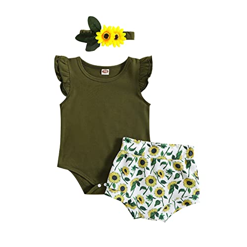 Newborn Baby Girl Summer Clothes Fly Sleeve Romper Sunflower Print Waffle Knit Shorts Headband 3Pcs Outfit