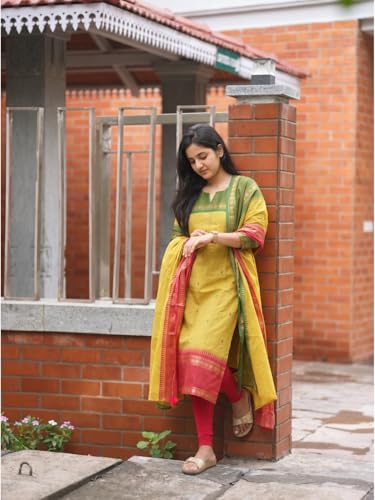Image of TWINLIGHT Women's Kanchi Cotton Jaquard Work Kurta and Dupatta Set with V Neck 3 /4 Sleeves Straight Calf Length Kurti and Jaquard Work Border Dupatta
