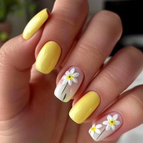 Teilihai Short Square Nails Press Ons, 24pcs, Glossy, Yellow, White Daisy, ABS Material, Floral Pattern, Modern Style, Spring/Summer False Nails with Flower Designs, Cute Stick On Nails for Women