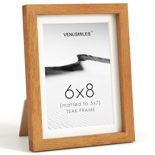 Image of 6x8 Picture Frame, USA-Sourced Natural Teak Wood Photo Collage Frame with HD Tempered Glass, Modern Simple 6 x 8 Wooden Frame Matted to 5x7, Gallery Wall Frames for Art, Wall or Tabletop Display