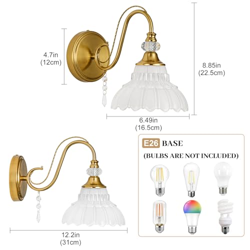 Image of 1 Piece Vintage Wall Sconce, 1-Light Brushed Gold Finish Wall Sconce with Hanging Crystal Accents and Flower-Shaped White Shades for Bathroom Bedroom Living Room,Vintage Vanity Light
