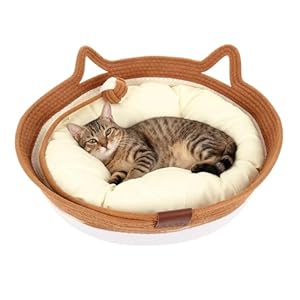 Zocipro Baumwollseil Katzenbett mit Kissen, 46x46x16 cm Groß Katzenbett, Katzenkörbchen Rund Waschbar mit Baumwollseil-Spielball für Alle Katze