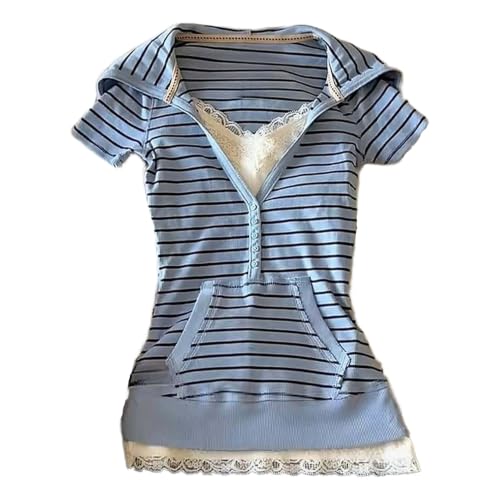 Y2k Grunge Shirts Alt Emo Clothes Women Vintage Graphic Tees 2000s Tops Teen Girls Whimsical Goth Short Sleeve Top (Blue Striped,Large)