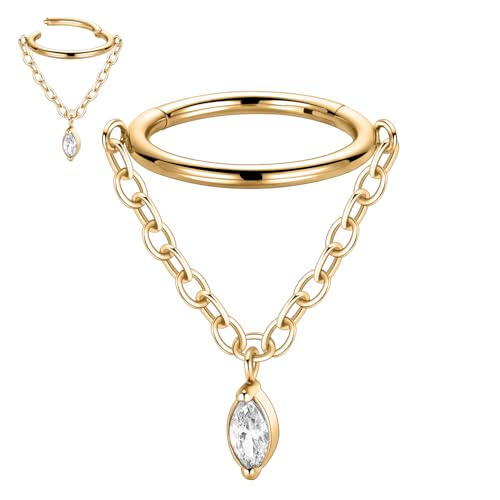 Gold Conch Piercing Jewelry 16G Conch Hoop Earring Chain Nose Hoop Ring Dangly Cartilage Helix Earring with CZ Septum Ring Hinged Segment Clicker Ring 316L Surgical Steel Rook Tragus Lobe Jewelry 8mm