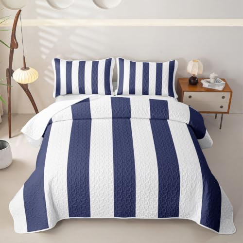 Erosebridal Navy Blue White Striped Full Quilt Set for Summer Vertical Stripes Lightweight Bedspread for Kids Adults Geometric Aesthetics Coverlet Simple Preppy Quilted Comforter 3 Pieces