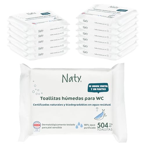 Naty Toallitas húmedas para WC | 98% Agua, Hipoalergénicas y Naturales para Piel Sensible | Sin Perfume, de Origen Vegetal | Suaves para Recién Nacidos y Bebés | 504 unidades (12 paquetes)