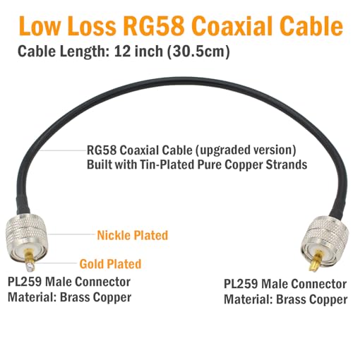 Image of exgoofit PL259 Male to Male Adapter 12 inch RG58 Cable 2-Pack Low Loss Digital Coax UHF Jumper Cable for HAM & CB Radio,Antenna Analyzer,Dummy Load,SWR Meter