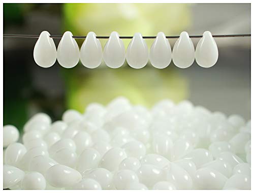 Teardrop Beads, 9x6mm, 30 piezas, cuentas de vidrio prensado checas en forma de gotas de 9x6 mm, agujero horizontal superior, White Alabaster