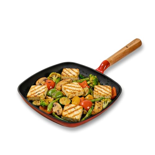 Image of CUMIN CO. Cast Iron Grill Pan | 24 cm, 1.2L | Induction Base Cookware | 10 Year Warranty | Non Toxic Non Stick Pan for Kebab and Tikkas | Chemical Free Coating | Grill Safe | Color: Rust