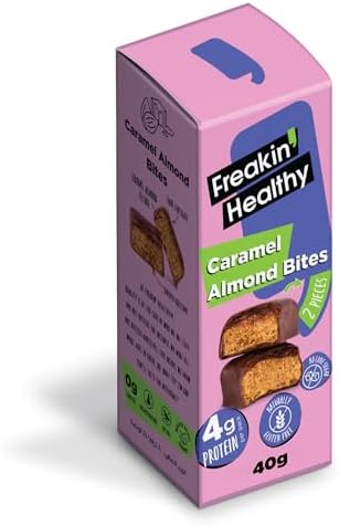 Freakin Healthy Caramel Almond Bites 40g – 2 Individually Wrapped Bites, Plant-Based Nut Butter Snack with Raw Chocolate, On-the-Go