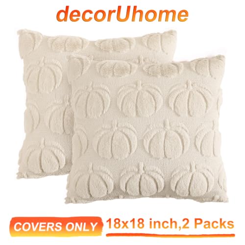 Image of decorUhome Fall Decorative Beige Pumpkin Throw Pillow Covers 18x18 Set of 2, Soft Faux Fur Plush Farmhouse Accent Pillow Cases for Couch Bed Sofa Autumn Harvest Halloween Holiday Home Decor