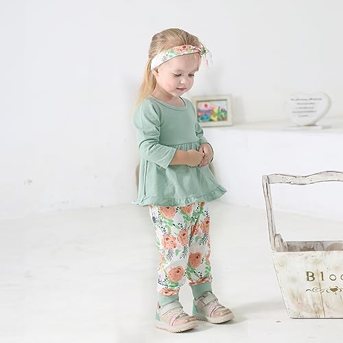 Image of Toddler Baby Girl Clothes Solid Color Long Sleeve Ruffle Tops Pants Headband Outfits Set