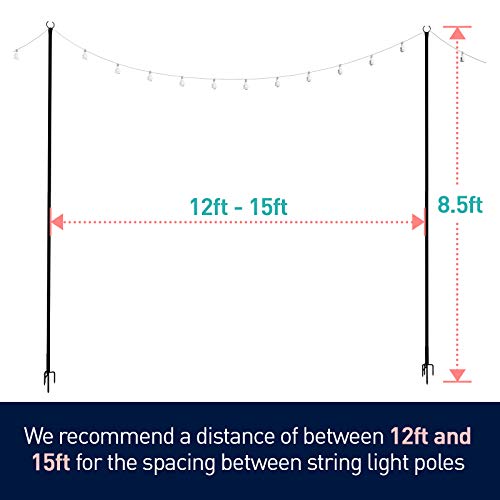 Holiday Styling String Light Poles for Outdoors (2 x 9ft) Push Down Middle to Stay Strong Straight and Sturdy to Hang LED Hanging Solar Bulbs for House Garden Cafe Wedding Party