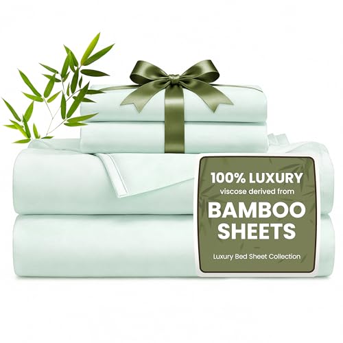 Love's cabin 4 Piece Queen Sheet Set, 100% Rayon Derived from Bamboo, Cooling & Breathable, Soft Silky Deep Pocket up to 16", Hotel Luxury Bedding for Hot Sleepers, Sea Glass