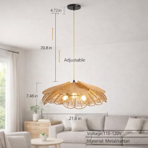 Image of Artica Farmhouse Rattan Chandelier - 1-Light Hand-Woven Wicker Pendant Light Fixture, Boho Hanging Ceiling Lamp for Dining Room, Kitchen Island, Bedroom & Living Room (Type 2)