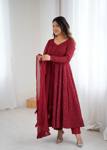 Image of Elegant Maroon Anarkali Gown Crafted in Heavy Fox Georgette with Lucknowi Sequence Work, Full Sleeves, Kali Cut Flare, Ruffle Dupatta and Stitched Cotton Pant