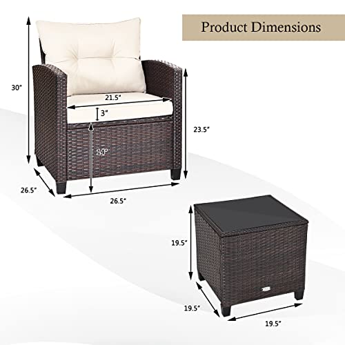 KOTEK 3 Piece Patio Furniture Set, Outdoor Conversation Set with Washable Cushions & Tempered Glass Tabletop, PE Rattan Wicker Bistro Set for Porch, Garden, Balcony (White) - Image 7