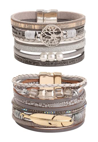 Chriscoco 2Stück Böhmisches Leder Armband für Damen Herren Mehrschichtiger Baum des Lebens Wrap Armreifen Armbänder Set Verstellbar Cover