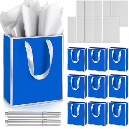 Yeaqee 10 Pack Paper Gift Bags with Handle Tissue Paper, Royal Blue, Silver