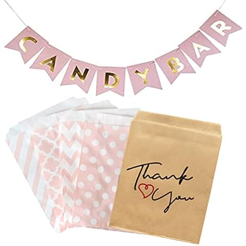 Houhounb Pink Candy Bar Garland Banner and Paper Bags Candy Bar Garland with 50 Paper Bags for Candy Bar Decoration Wedding Birthday Sweets Party Accessories Decorations Cover