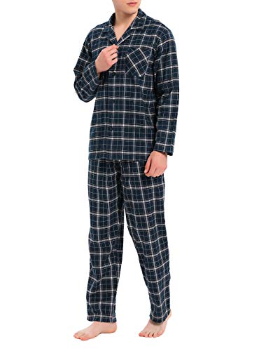 David Archy Men's Flannel Pajama Set Soft Cotton Button-Down Sleepwear With Fly Big and Tall PJ Set Lounge Wear (L, Navy Blue Plaid)