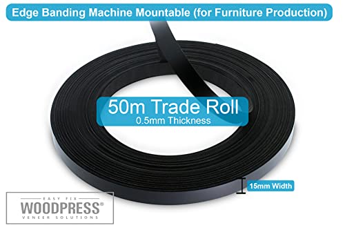 WoodPress® 15mm Mattschwarz Melamin Kantenumleimer mit Schmelzkleber – 50m Industrielle Rolle – Einfaches Aufbügeln für Heimwerker