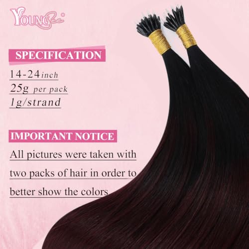 Image of YoungSee Nano Tip Hair Extensions Black Ombre Dark Red 20 Inch Nano Human Hair Extensions Black to Deep Wine Red Nanobead Hair Extension Human Hair Colorful Hair for Role Playing 25 Strands 25g
