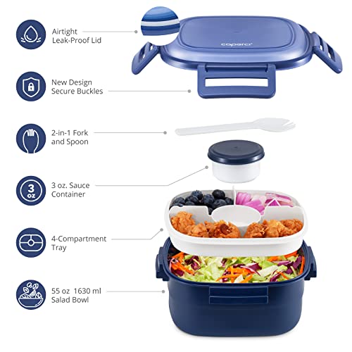 Caperci Superior Salad Container For Lunch To Go - Large 55-Oz Salad Bowl Lunch Box Container With 4-Compartment Bento-Style Tray, 3-Oz Sauce Container, Reusable Spork & Bpa-Free (Navy Blue) #TOP3