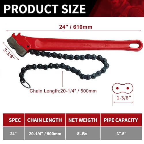 LIIAMOAR Chain Pipe Wrench 24" for 3" ~ 5" pipe diameter, chain length 20.3". Heavy-duty chain pipeline tool for pipeline installation, oilfield pipeline operations and maintenance by LIIAMOAR - Image 2
