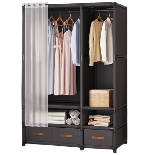 Bxzzuisワードローブ クローゼット 洋服収納 大容量 カバー付き 不織布 防水 防塵 防汚 簡単組み立て式 ドアカーテン付き 衣類収納ラック 省スペース ハンガーラック 洋服収納ラック 帽子 靴 衣類 小物 収納ラック ワードローブ (ブラック -