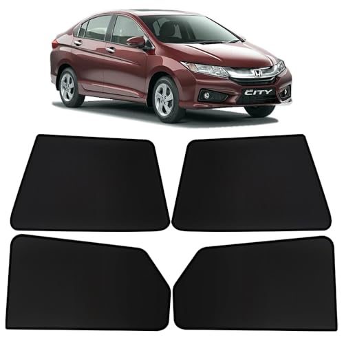 Image of OTO2EYE Car Sun Shade Compatible for Honda City Model-2014-2016, Z-Black Fix Type Side Window Curtains, Only Half Cut in Front Window, 4 Pieces Set
