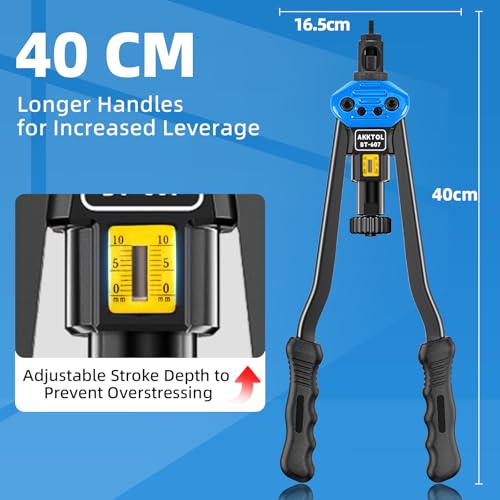 AKKTOL Nietmutternzange – 40 cm Gesamtlänge für Mehr Kraft, Verstellbare Ziehtiefe, inkl. 80 Nietmuttern & Dorne in M3-M12, Profi Gewindenieten Zange Set für Blechbearbeitung & Automobilarbeiten