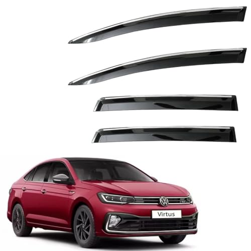 Image of CAR SAAZ Unbreakable Chrome Smoke Door Visor for Virtus (2022-present)| Premium Sun, Rain Wind Deflector Chrome Strip Side Door Rain Visor - Set of 4 Pcs