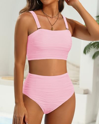 Image of High Waisted Bandeau Bikini Set - Women Strapless Two Piece Swimsuits Ribbed Longline Full Coverage Bathing Suits Swimwear