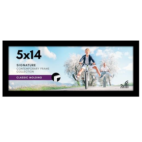 Americanflat Portarretratos de 5 x 14 pulgadas en color negro, marco de fotos de madera de ingeniería con vidrio resistente a los golpes y accesorios para colgar, marco de fotos panorámico para