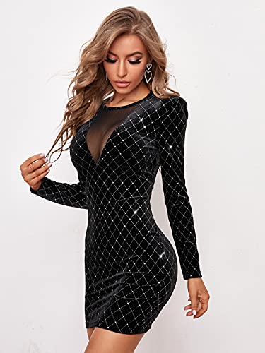 Wdirara Women's Mesh Plaid Glitter Velvet Round Neck Long Sleeve Bodycon Dress Glitter Black S #TOP3