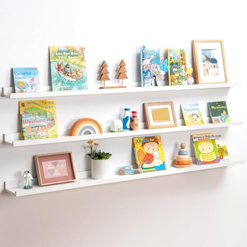 Image of Wooden Floating Wall Shelves Set of 3 for Living Room & Bedroom | Modern Wall Mounted Display Rack for Decor, Photo Frames, Plants & Storage (White, 56 Inch)