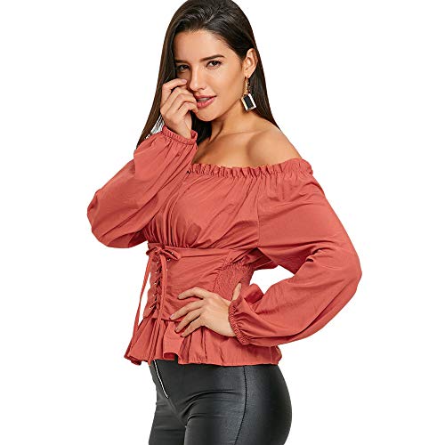 Zaful Women's Off The Shoulder Ruffled Long Sleeve Lace Up Smocked Blouse Top Orange #TOP3