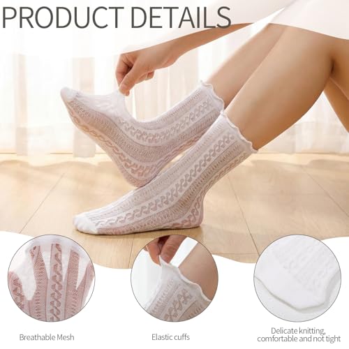 Image of Jspupifip 6 Pairs Lace Ruffle Frilly Crew Socks for Women Girls | Cotton Breathable Cute Princess Ankle Dress Lace Socks Thin Cool Casual Socks